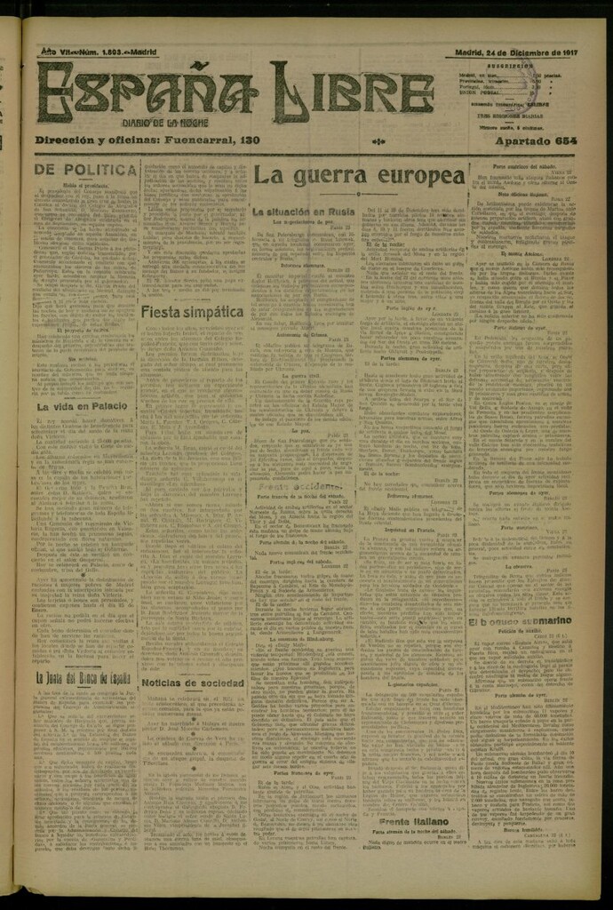 Miniatura de España Libre : Diario de la noche del 24 de diciembre de 1917, nº 1803