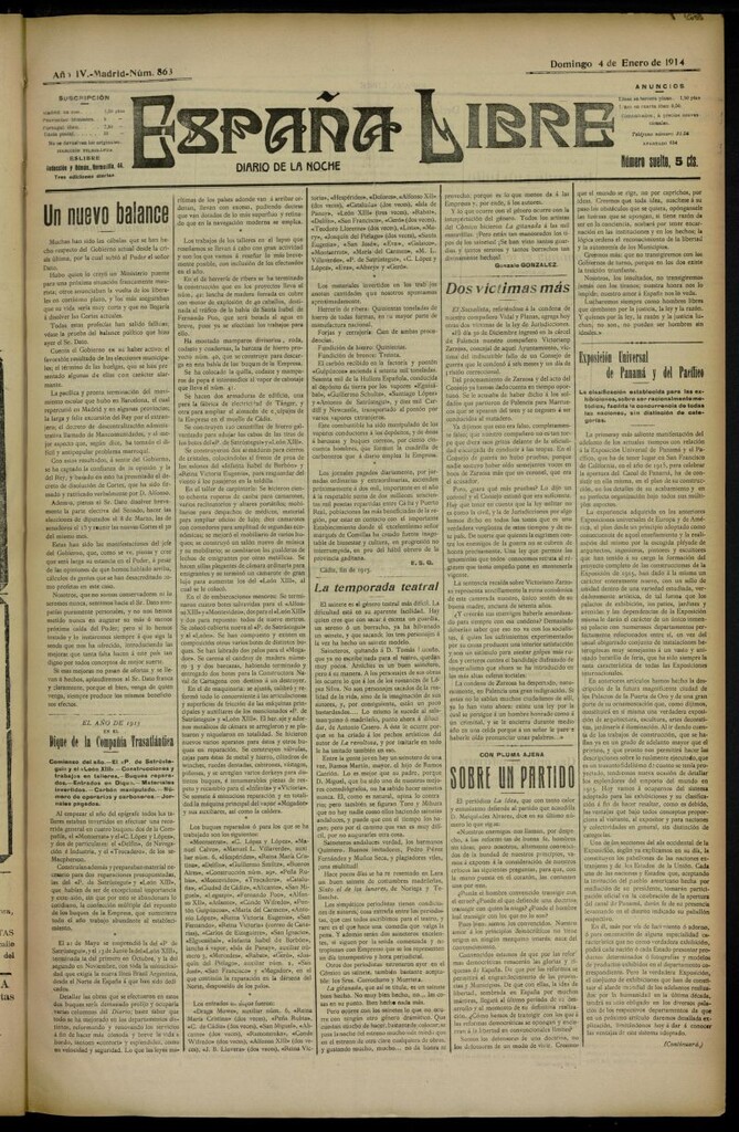 Miniatura de España Libre : Diario de la noche del 4 de enero de 1914, nº 863
