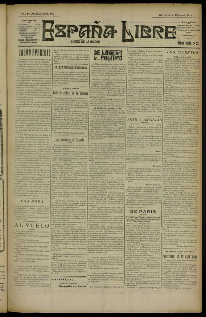 Miniatura de España Libre : Diario de la noche del 6 de enero de 1914, nº 865