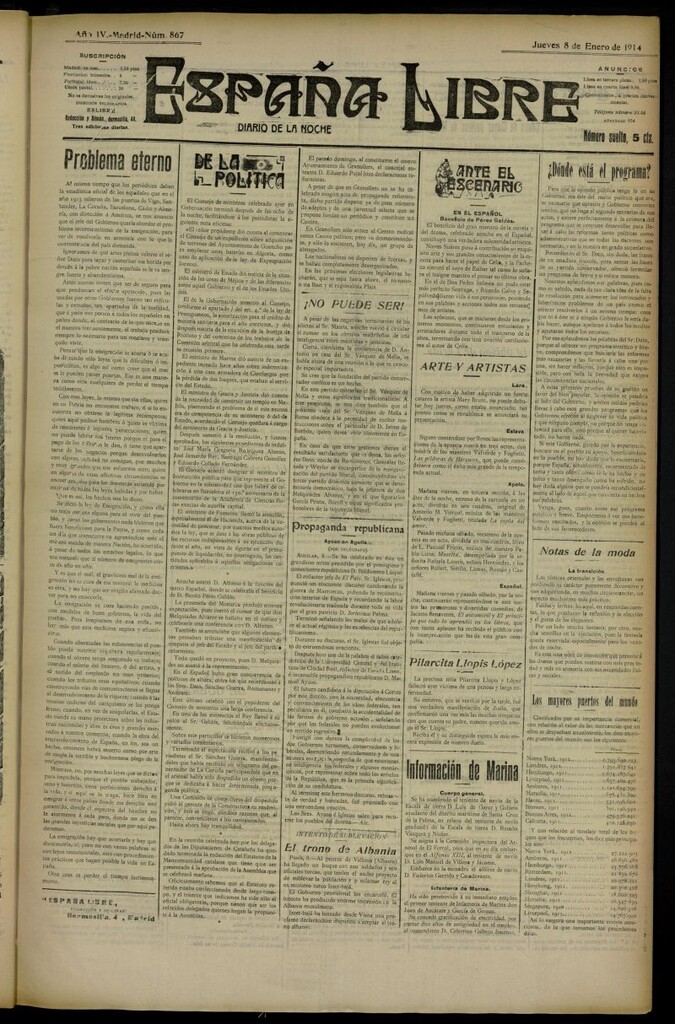 Miniatura de España Libre : Diario de la noche del 8 de enero de 1914,nº 867