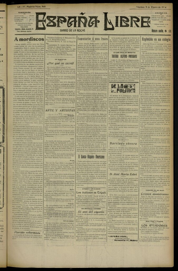Miniatura de España Libre : Diario de la noche del 9 de enero de 1914, nº 868