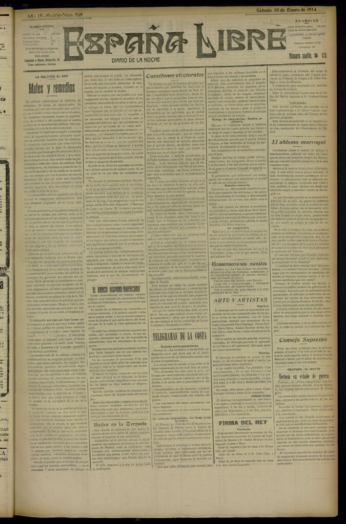 Miniatura de España Libre : Diario de la noche del 10 de enero de 1914, nº 869