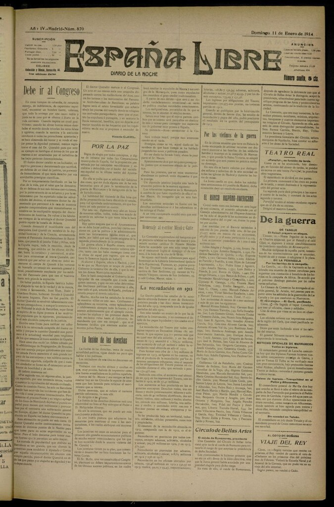 Miniatura de España Libre : Diario de la noche del 11 de enero de 1914, nº 870