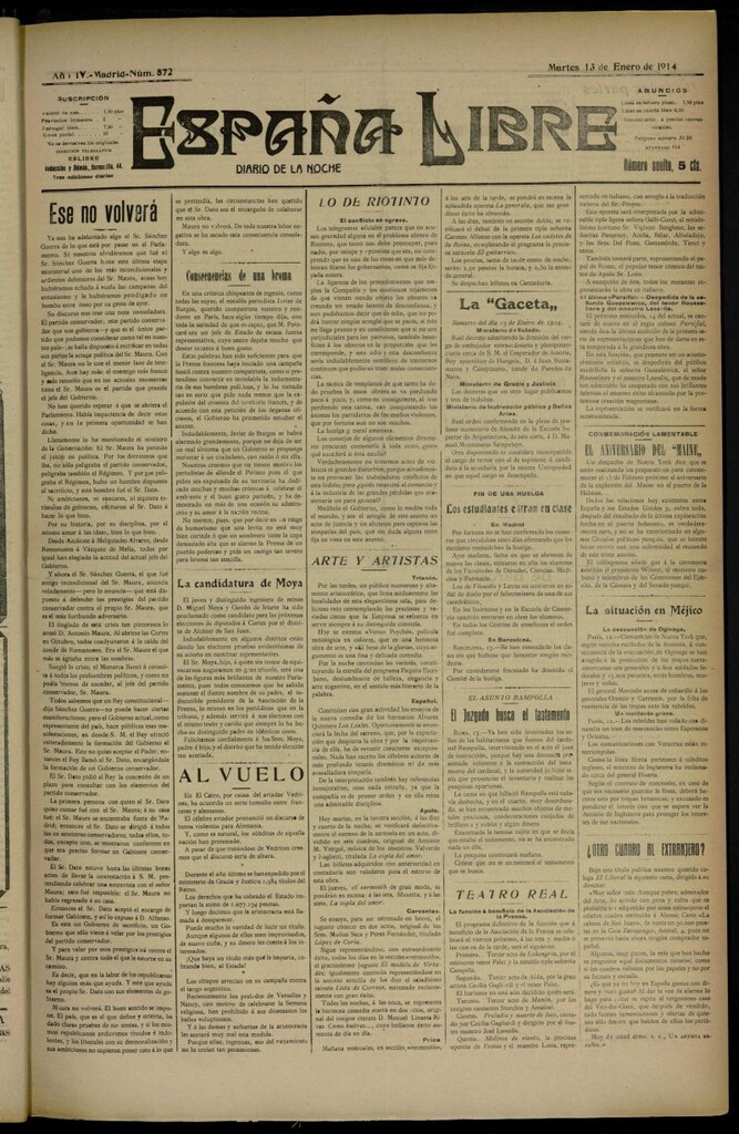 Miniatura de España Libre : Diario de la noche del 13 de enero de 1914, nº 872