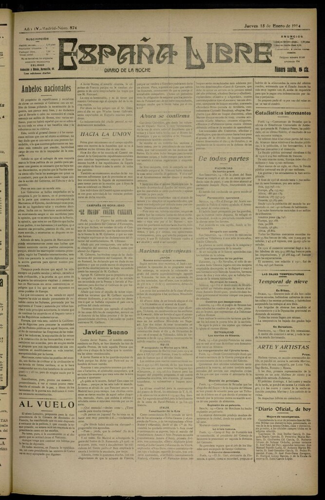Miniatura de España Libre : Diario de la noche del 15 de enero de 1914, nº 874