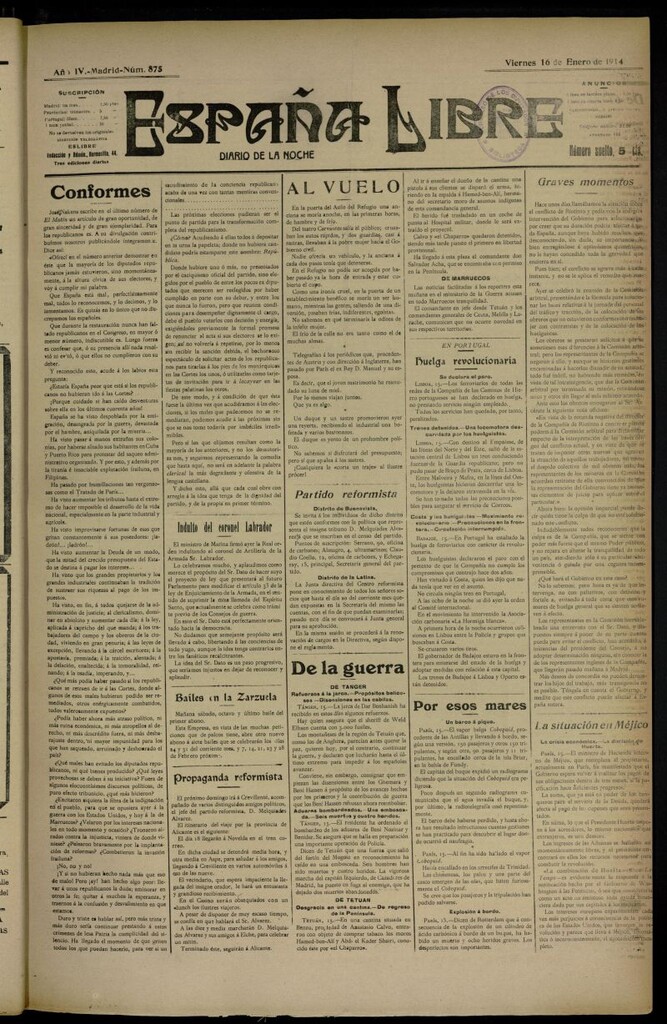 Miniatura de España Libre : Diario de la noche del 16 de enero de 1914, nº 875