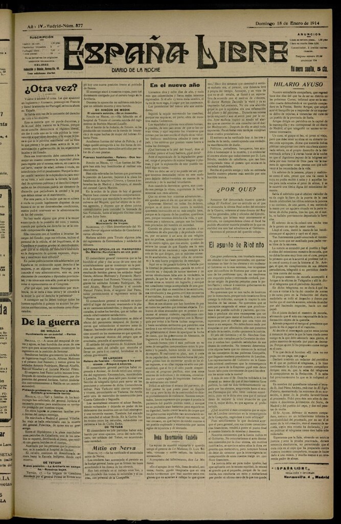 Miniatura de España Libre : Diario de la noche del 18 de enero de 1914, nº 877