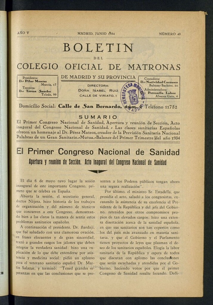 Miniatura de Boletín del Colegio Oficial de Matronas de Madrid y su Provincia de junio de 1934