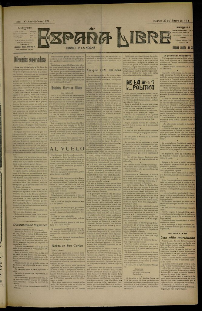 Miniatura de España Libre : Diario de la noche del 20 de enero de 1914, nº 879