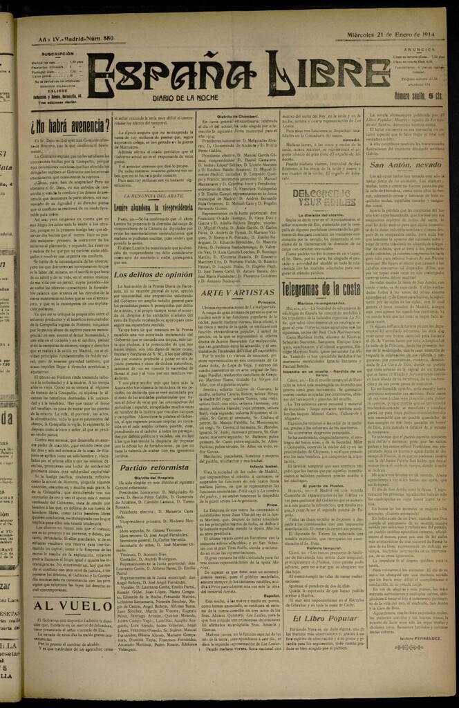 Miniatura de España Libre : Diario de la noche del 21 de enero de 1914, nº 880