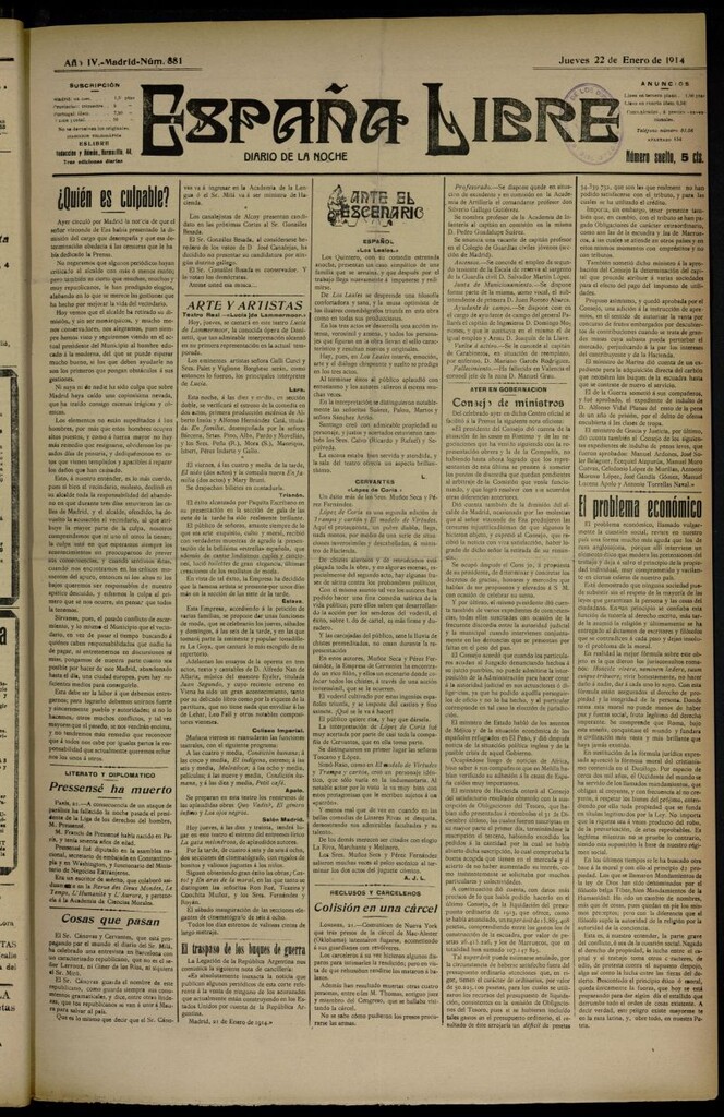 Miniatura de España Libre : Diario de la noche del 22 de enero de 1914, nº 881