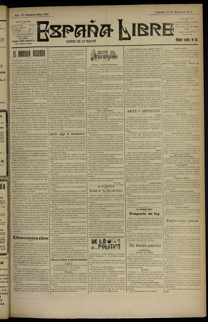 Miniatura de España Libre : Diario de la noche del 23 de enero de 1914, nº 882