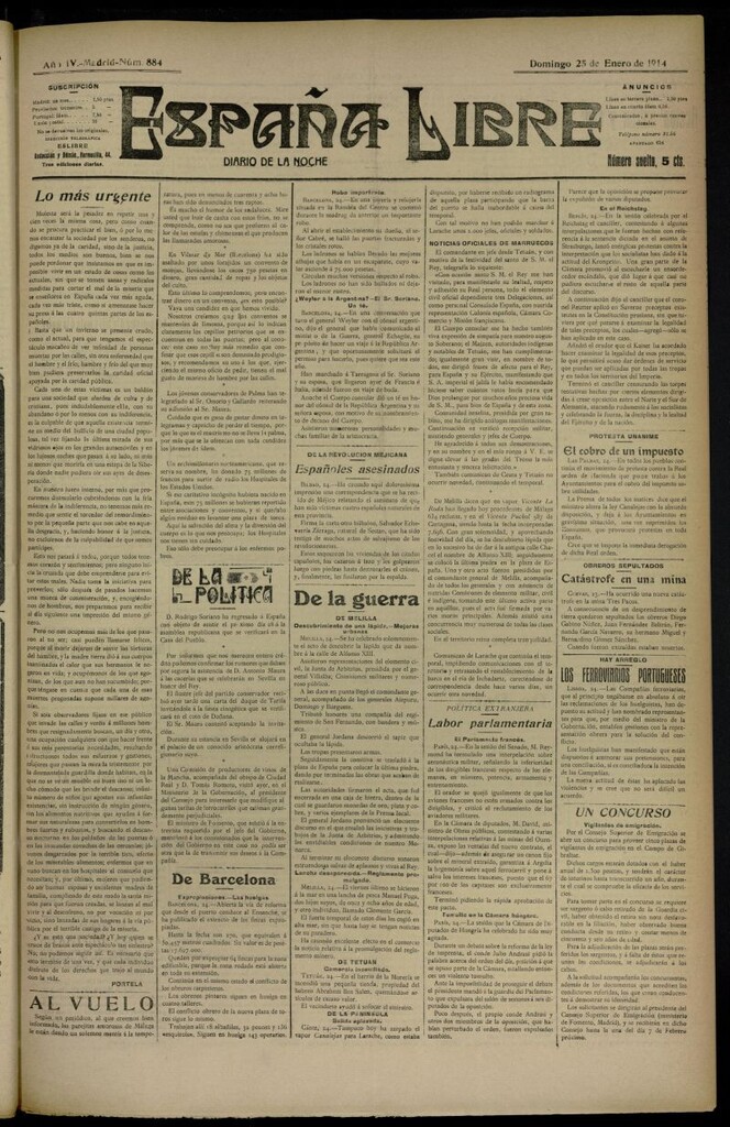 Miniatura de España Libre : Diario de la noche del 25 de enero de 1914, nº 884