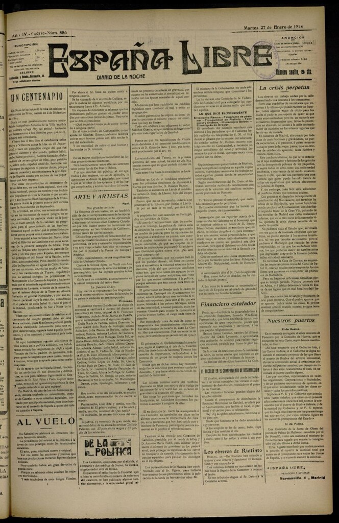 Miniatura de España Libre : Diario de la noche del 27 de enero de 1914, nº 886