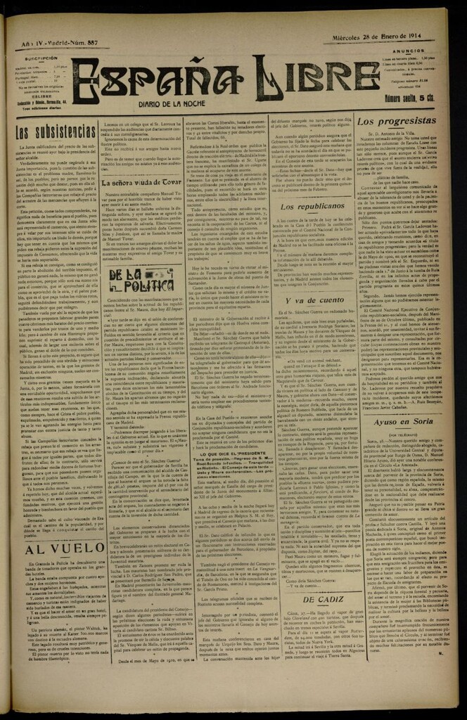 Miniatura de España Libre : Diario de la noche del 28 de enero de 1914, nº 887