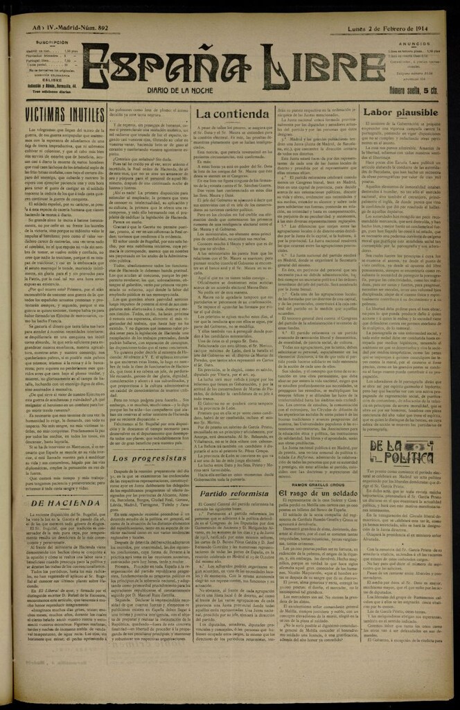 Miniatura de España Libre : Diario de la noche del 2 de febrero de 1914, nº 892