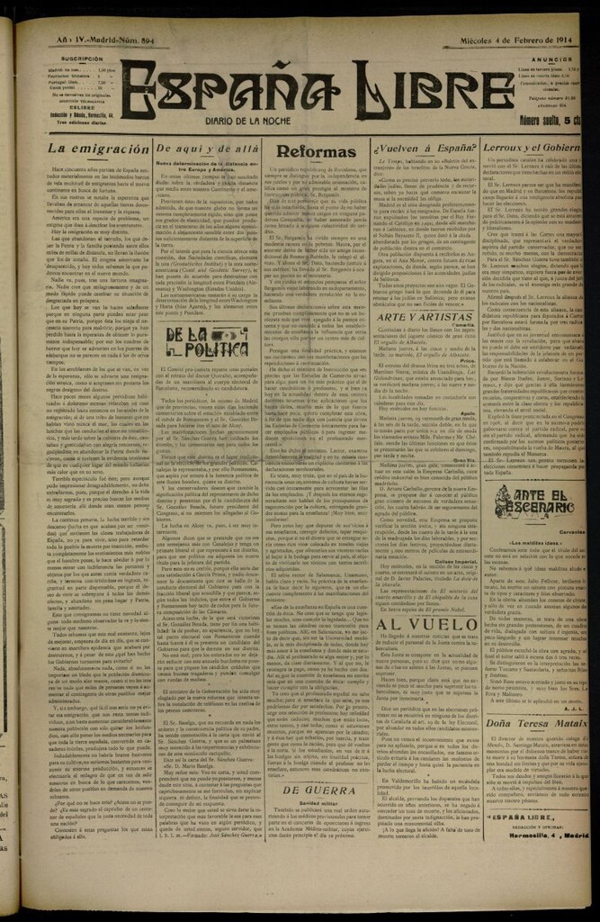 Miniatura de España Libre : Diario de la noche del 4 de febrero de 1914, nº 894