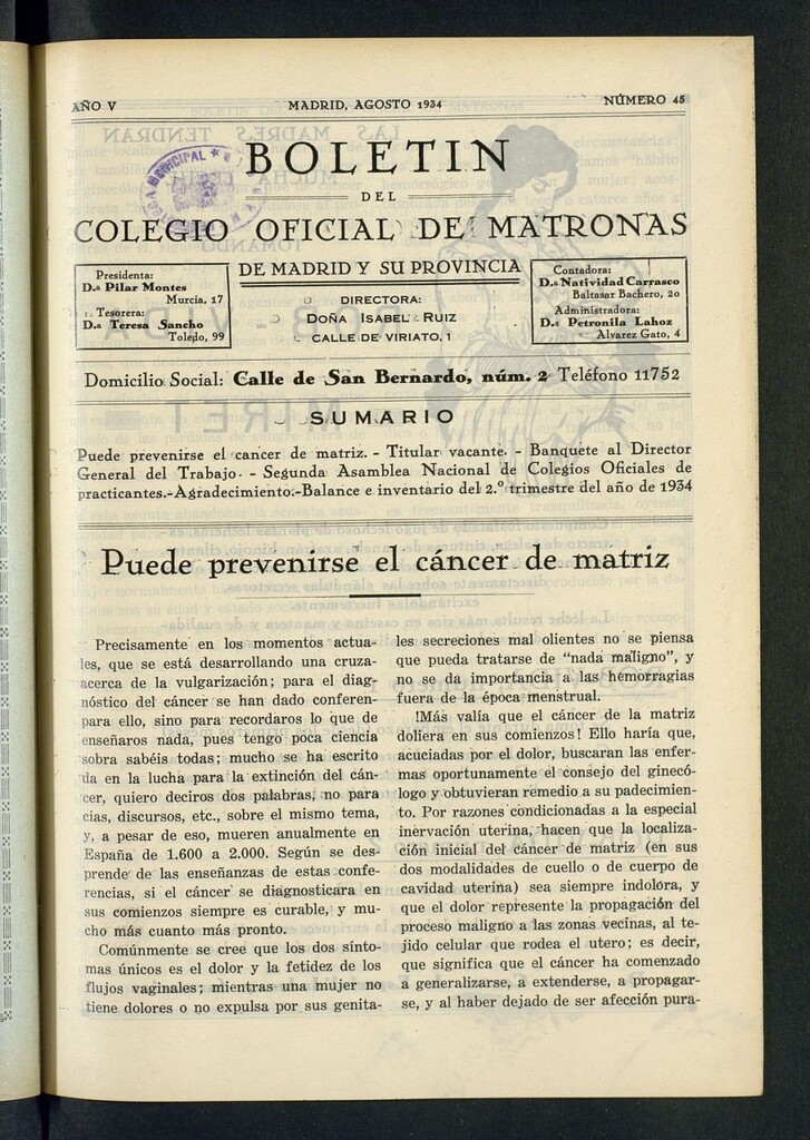 Miniatura de Boletín del Colegio Oficial de Matronas de Madrid y su Provincia de agosto de 1934