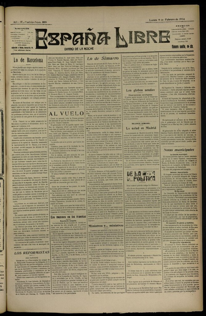 Miniatura de España Libre : Diario de la noche del 9 de febrero de 1914, nº 899