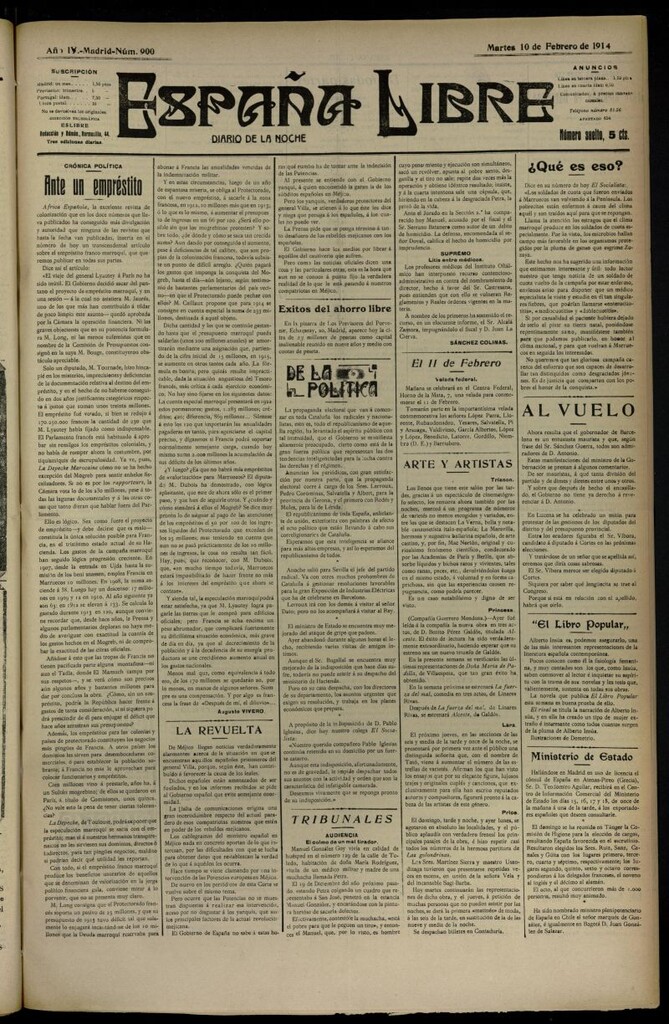 Miniatura de España Libre : Diario de la noche del 10 de febrero de 1914, nº 900