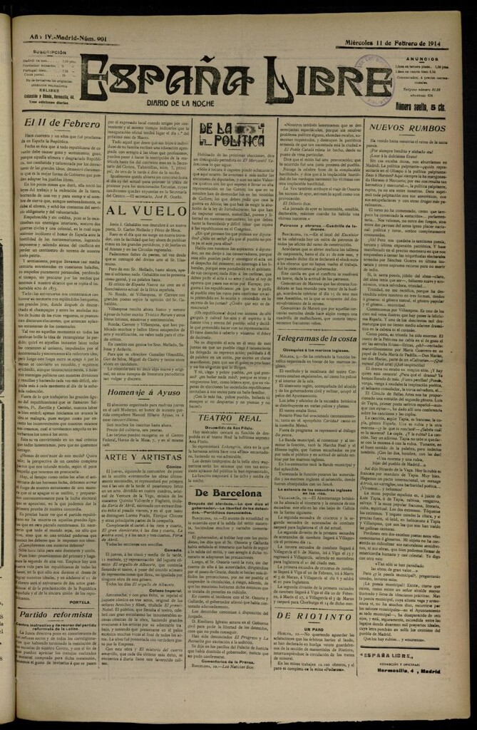Miniatura de España Libre : Diario de la noche del 11 de febrero de 1914, nº 901