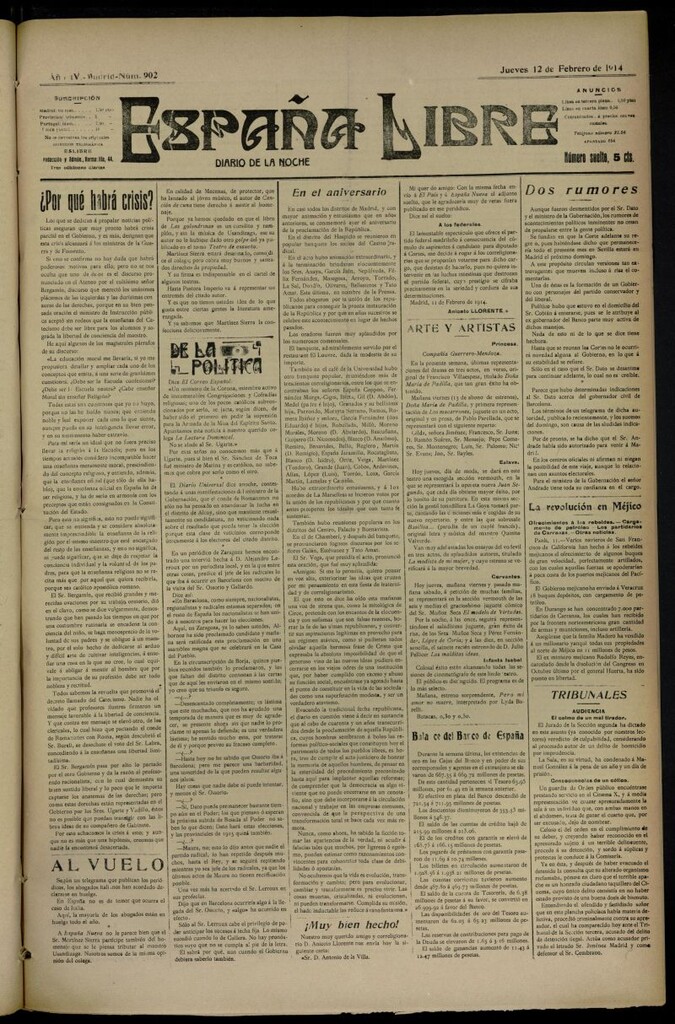 Miniatura de España Libre : Diario de la noche del 12 de febrero de 1914, nº 902
