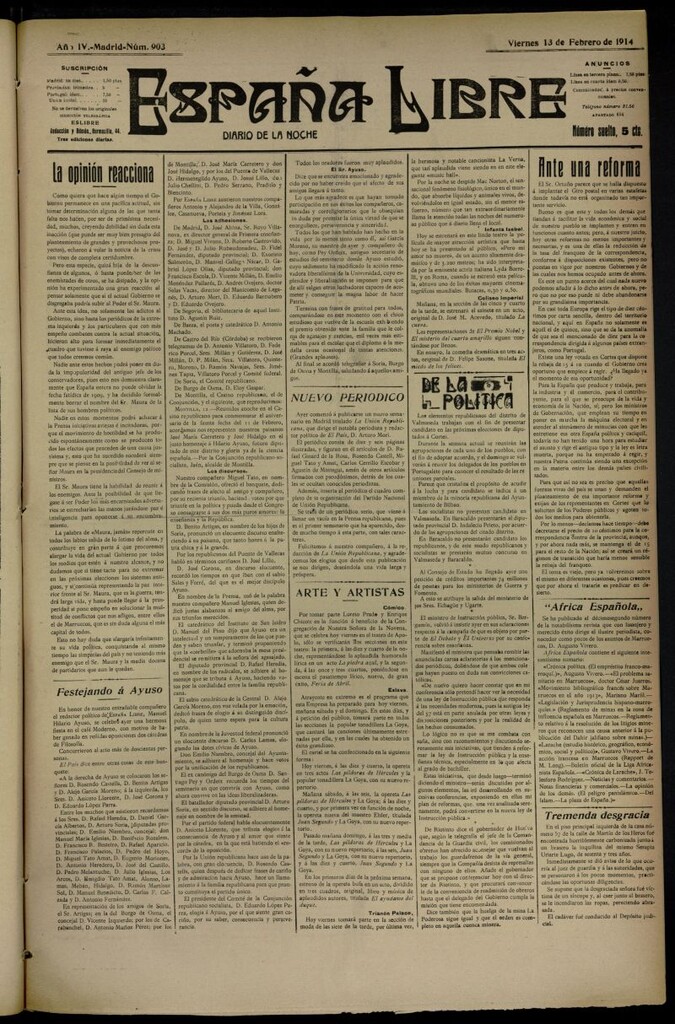 Miniatura de España Libre : Diario de la noche del 13 de febrero de 1914, nº 903