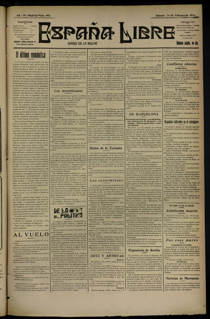 Miniatura de España Libre : Diario de la noche del 14 de febrero de 1914, nº 904