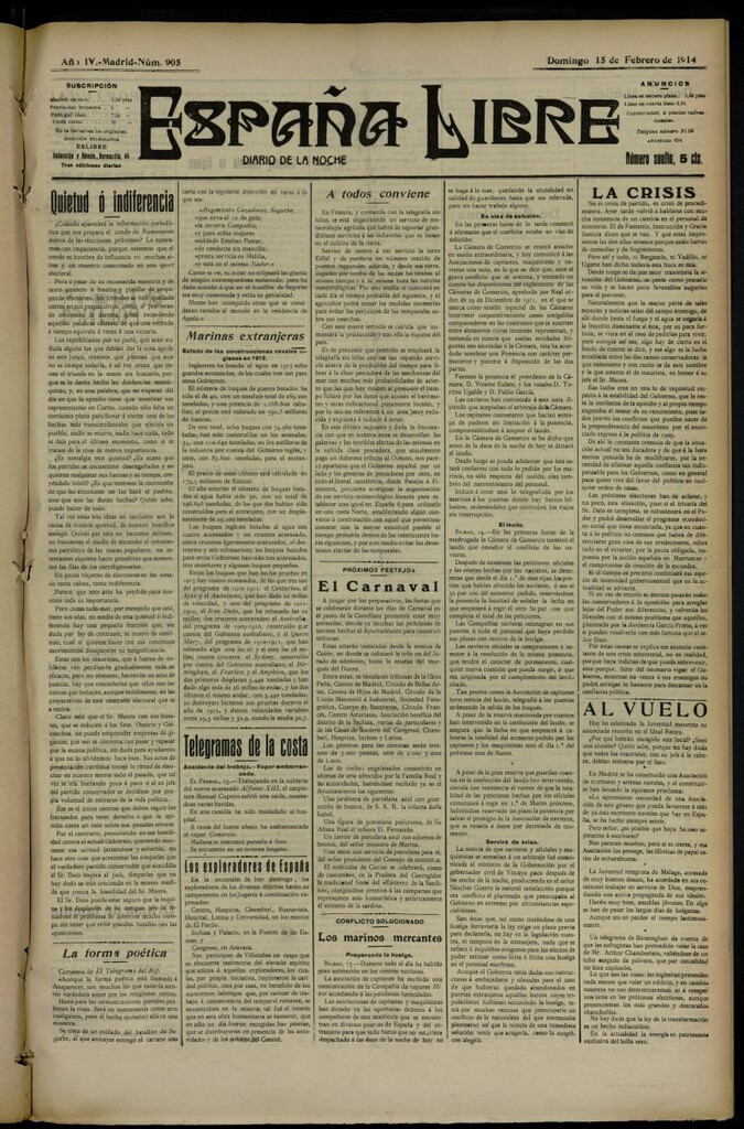 Miniatura de España Libre : Diario de la noche del 15 de febrero de 1914, nº 905
