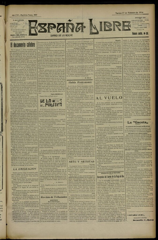 Miniatura de España Libre : Diario de la noche del 17 de febrero de 1914, nº 907