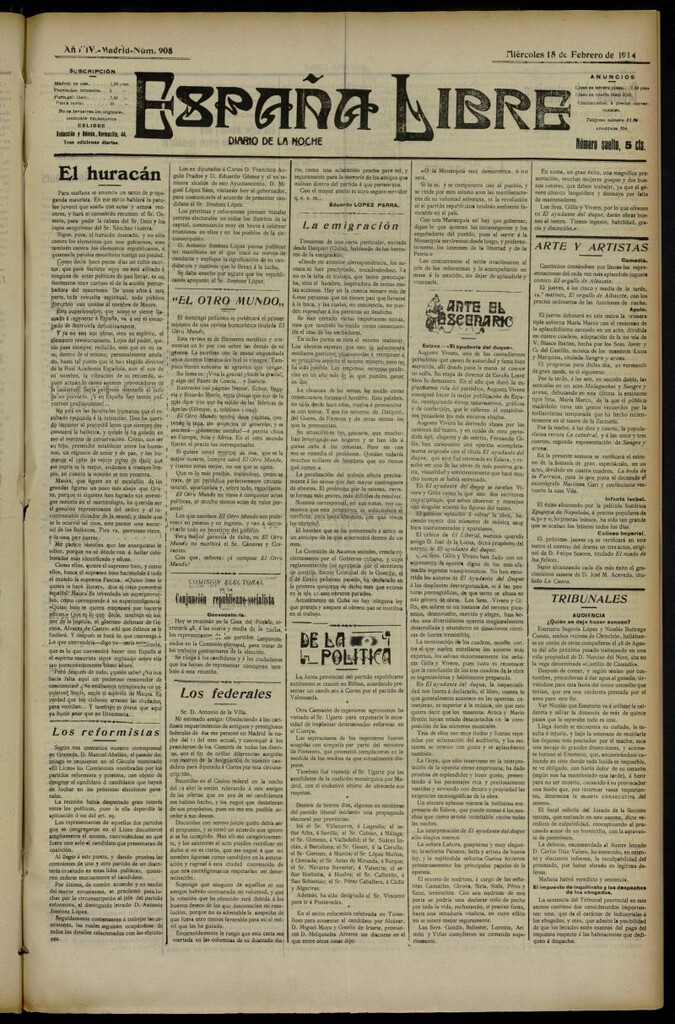 Miniatura de España Libre : Diario de la noche del 18 de febrero de 1914, nº 908