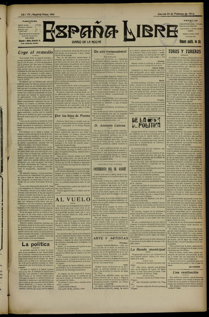 Miniatura de España Libre : Diario de la noche del 19 de febrero de 1914, nº 909