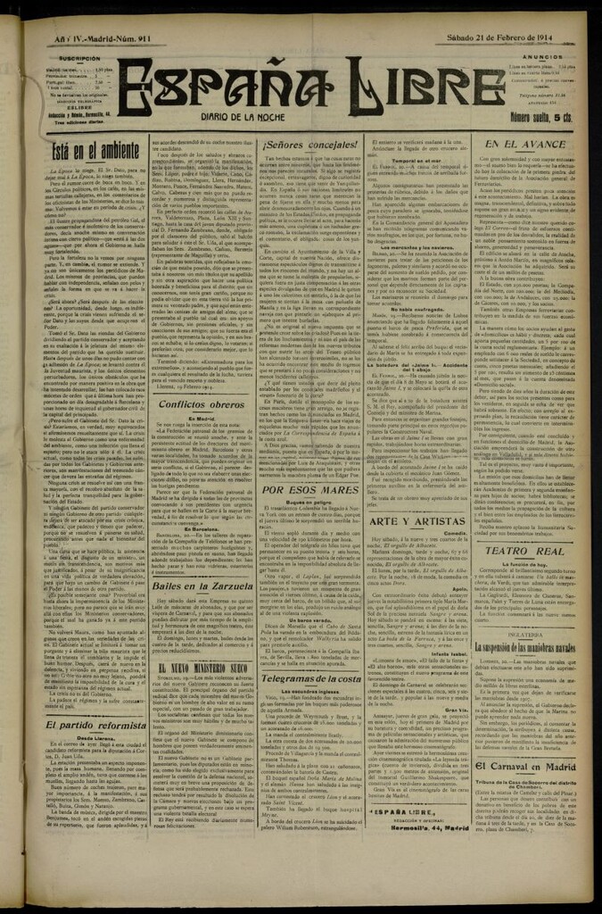 Miniatura de España Libre : Diario de la noche del 21 de febrero de 1914, nº 911