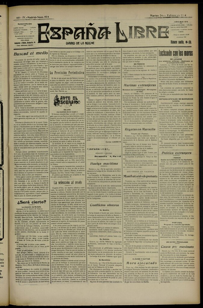 Miniatura de España Libre : Diario de la noche del 24 de febrero de 1914, nº 914