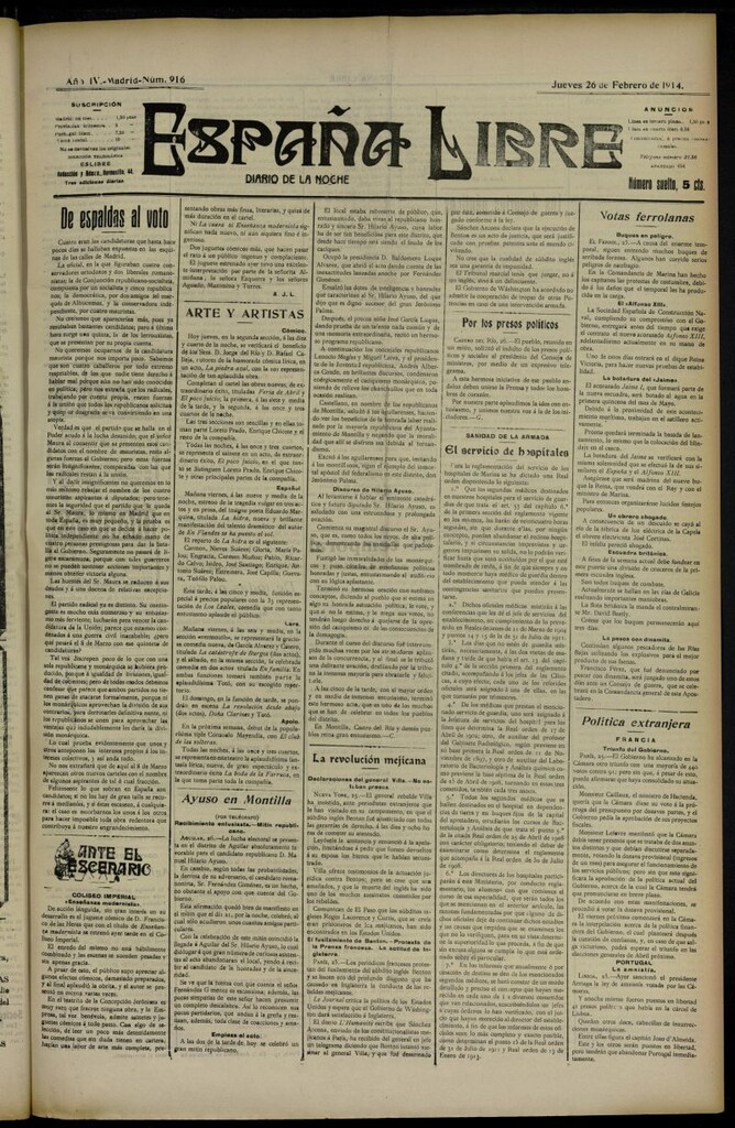 Miniatura de España Libre : Diario de la noche del 26 de febrero de 1914, nº 916