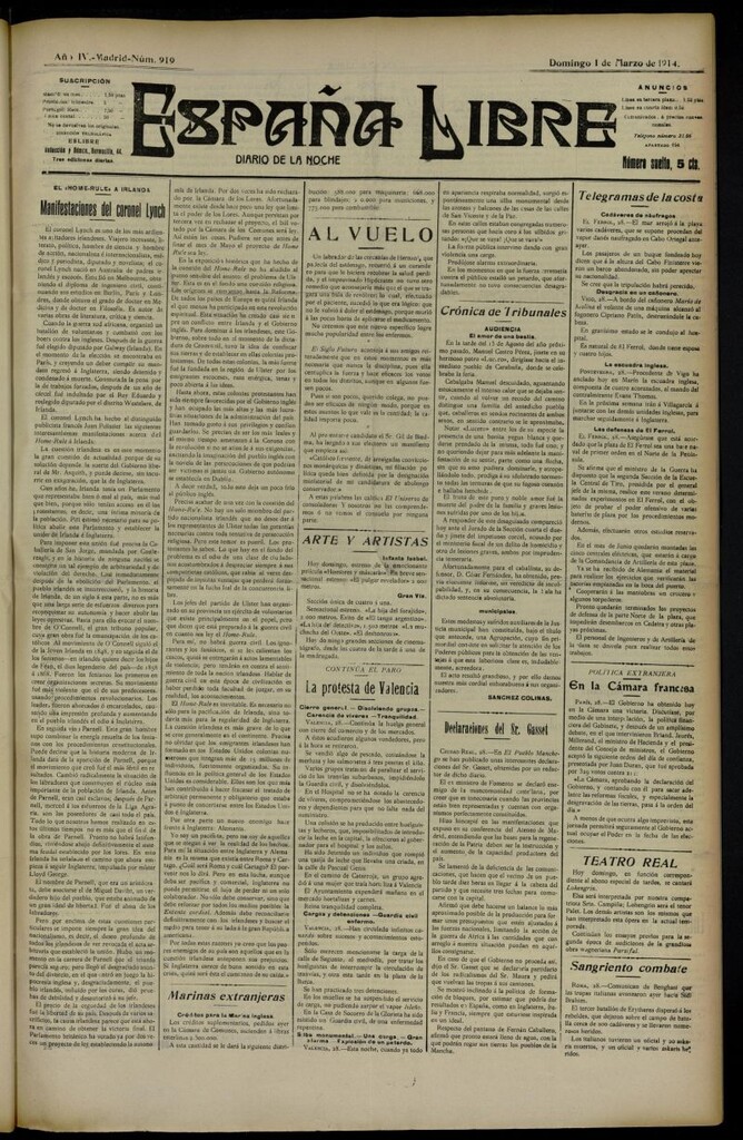 Miniatura de España Libre : Diario de la noche del 1 de marzo de 1914, nº 919