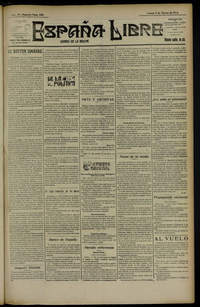 Miniatura de España Libre : Diario de la noche del 2 de marzo de 1914, nº 920