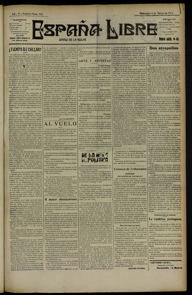 Miniatura de España Libre : Diario de la noche del 4 de marzo de 1914, nº 922