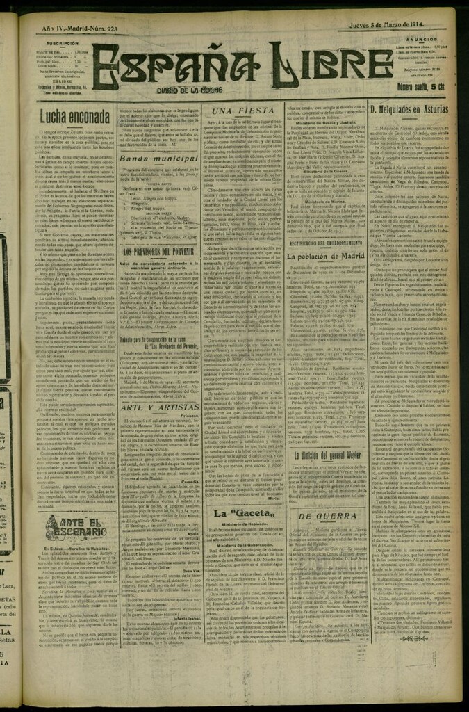 Miniatura de España Libre : Diario de la noche del 5 de marzo de 1914, nº 923