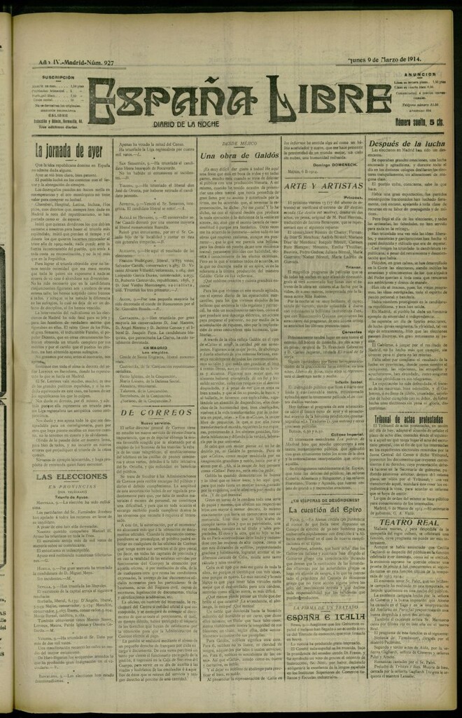 Miniatura de España Libre : Diario de la noche del 9 de marzo de 1914, nº 927