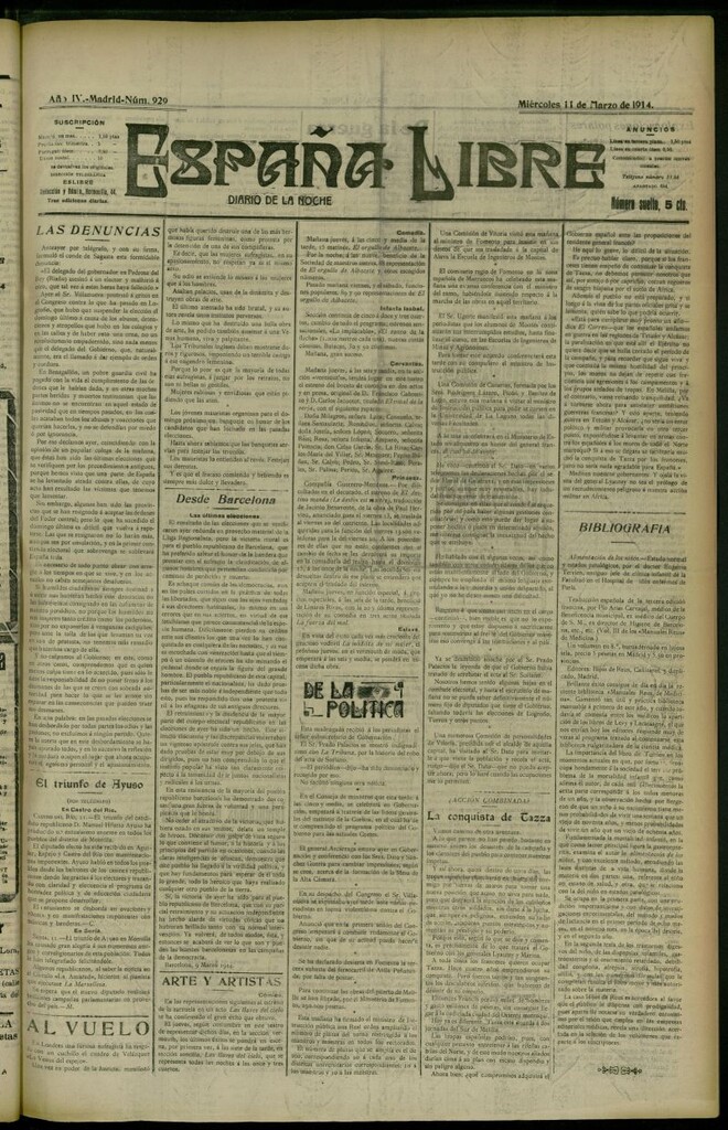 Miniatura de España Libre : Diario de la noche del 11 de marzo de 1914, nº 929