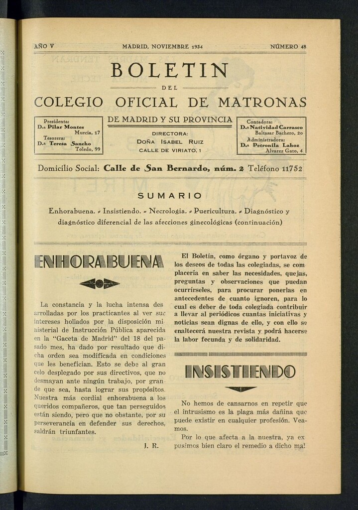 Miniatura de Boletín del Colegio Oficial de Matronas de Madrid y su Provincia de noviembre de 1934
