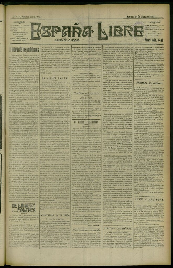 Miniatura de España Libre : Diario de la noche del 14 de marzo de 1914, nº 932