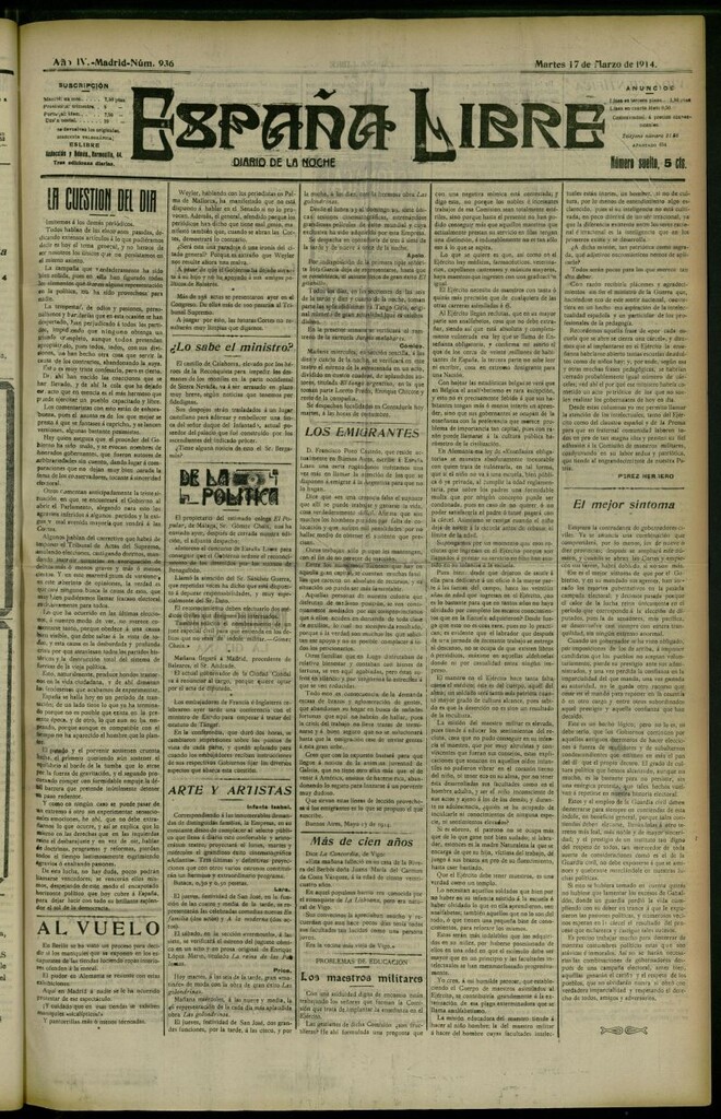Miniatura de España Libre : Diario de la noche del 17 de marzo de 1914, nº 936