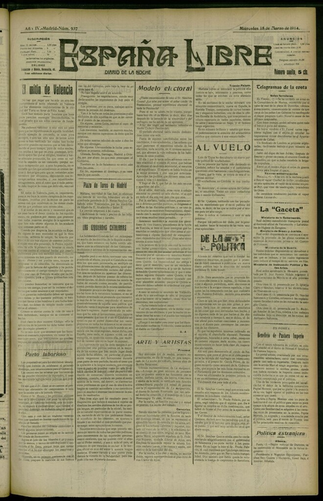 Miniatura de España Libre : Diario de la noche del 18 de marzo de 1914, nº 937