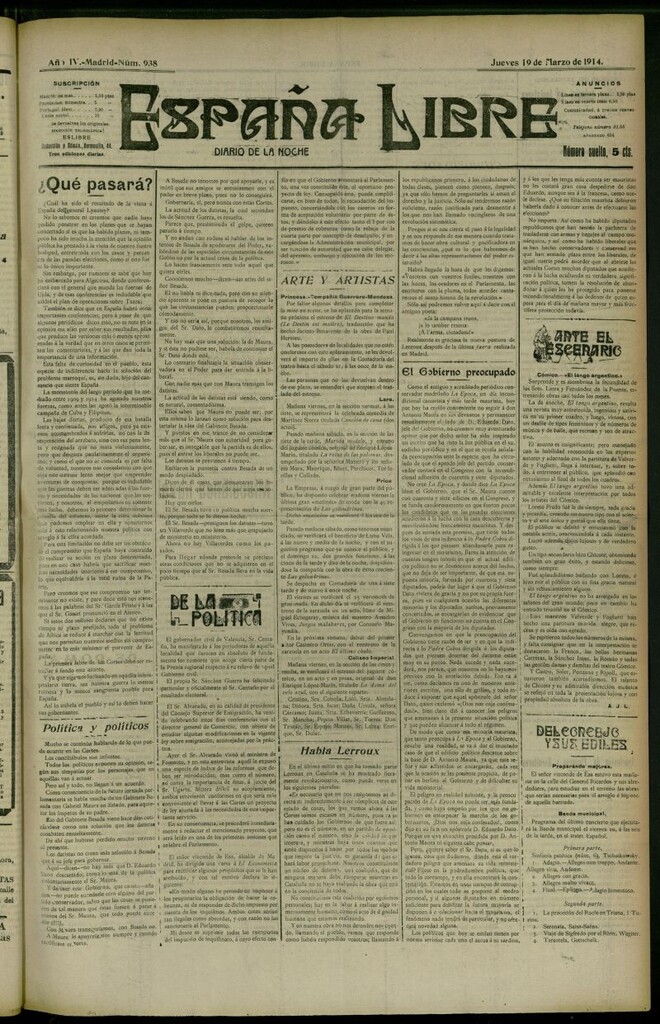 Miniatura de España Libre : Diario de la noche del 19 de marzo de 1914, nº 938
