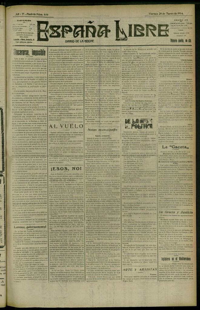 Miniatura de España Libre : Diario de la noche del 20 de marzo de 1914, nº 939