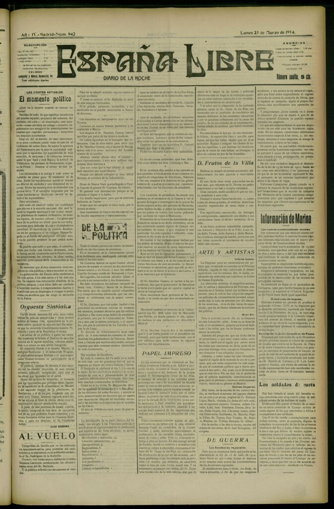 Miniatura de España Libre : Diario de la noche del 23 de marzo de 1914, nº 942