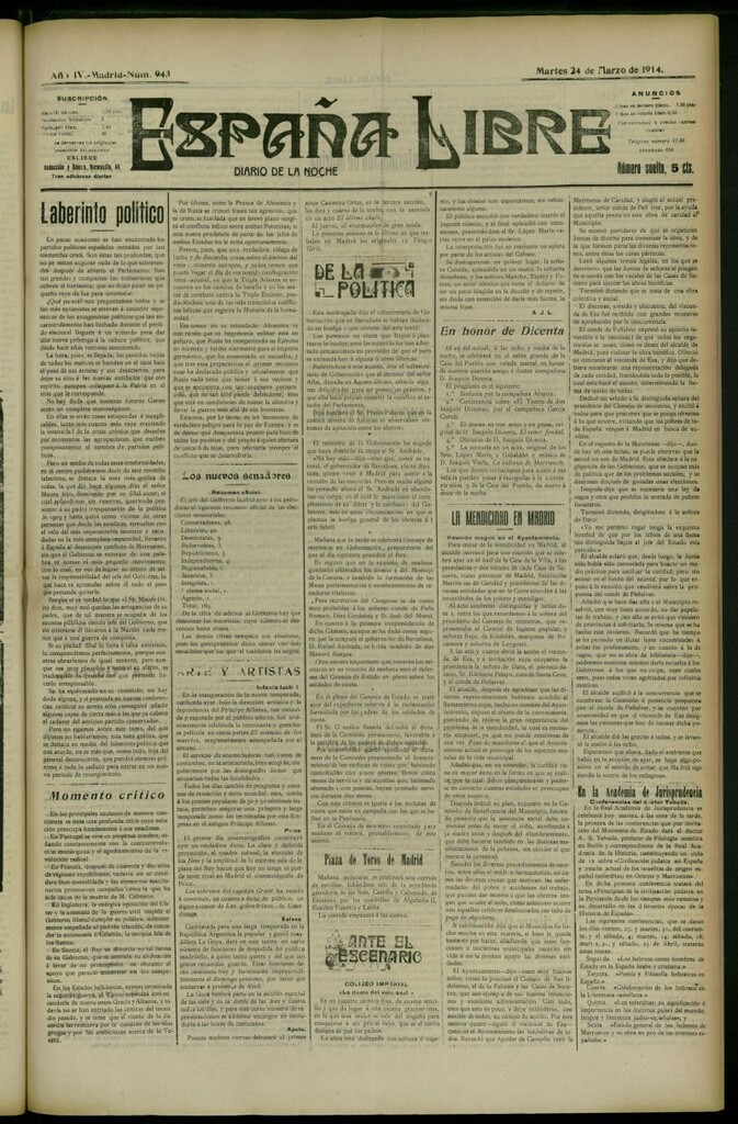 Miniatura de España Libre : Diario de la noche del 24 de marzo de 1914, nº 943