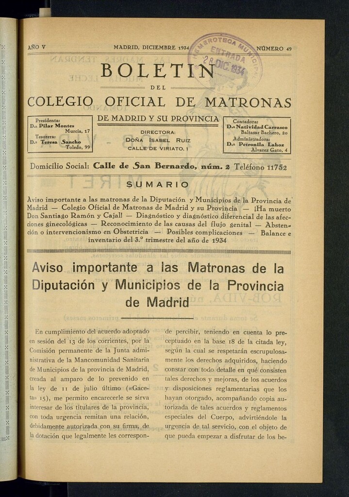 Miniatura de Boletín del Colegio Oficial de Matronas de Madrid y su Provincia de diciembre de 1934